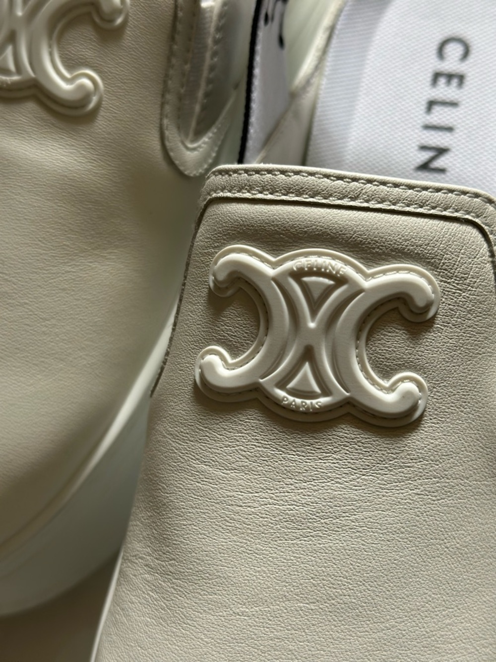 Celine White Leather Platform Slip-On with Black Logo Heel Strap - Picture 13 of 14